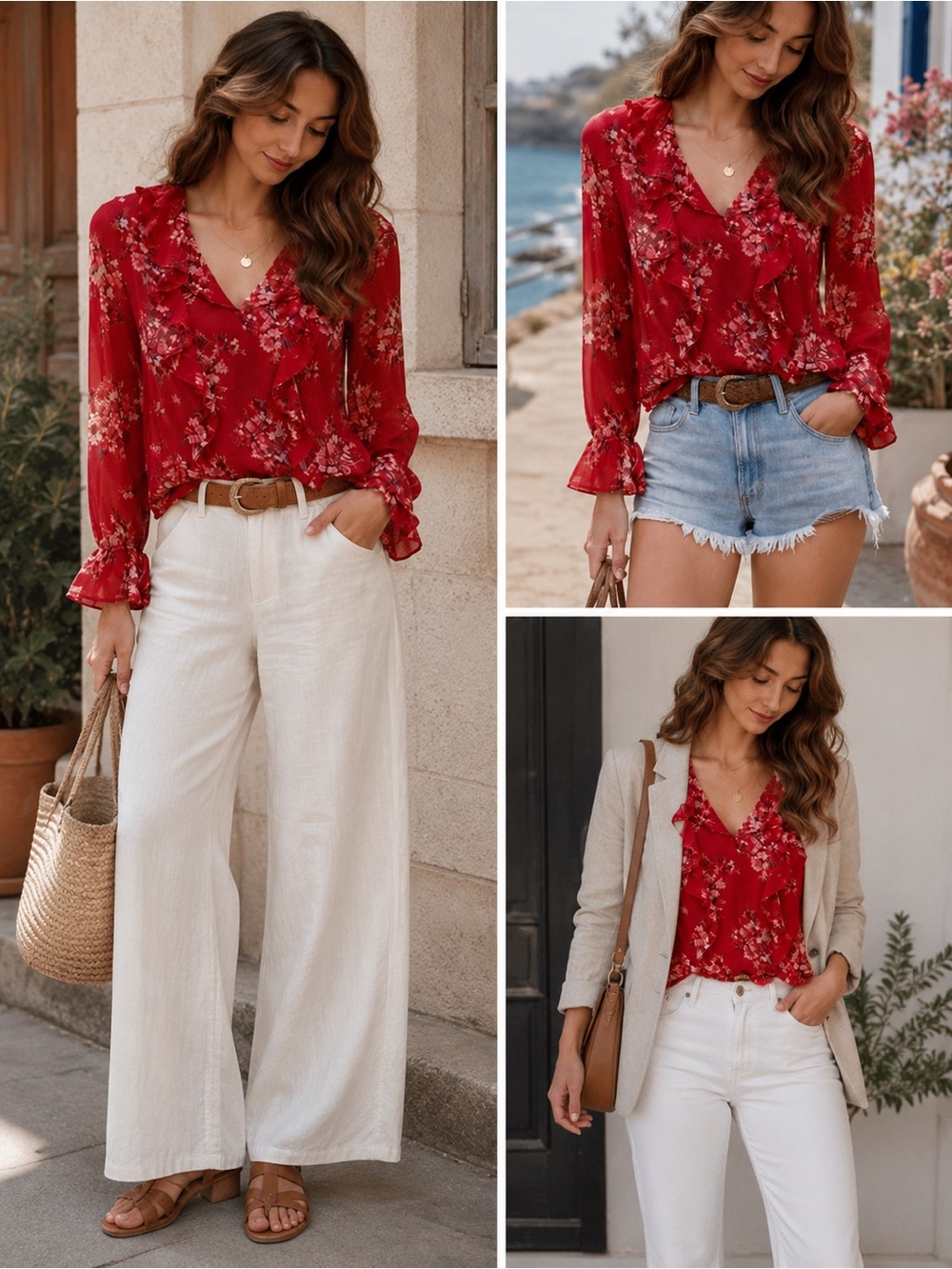 H&M Red Floral Blouse with Ruffles